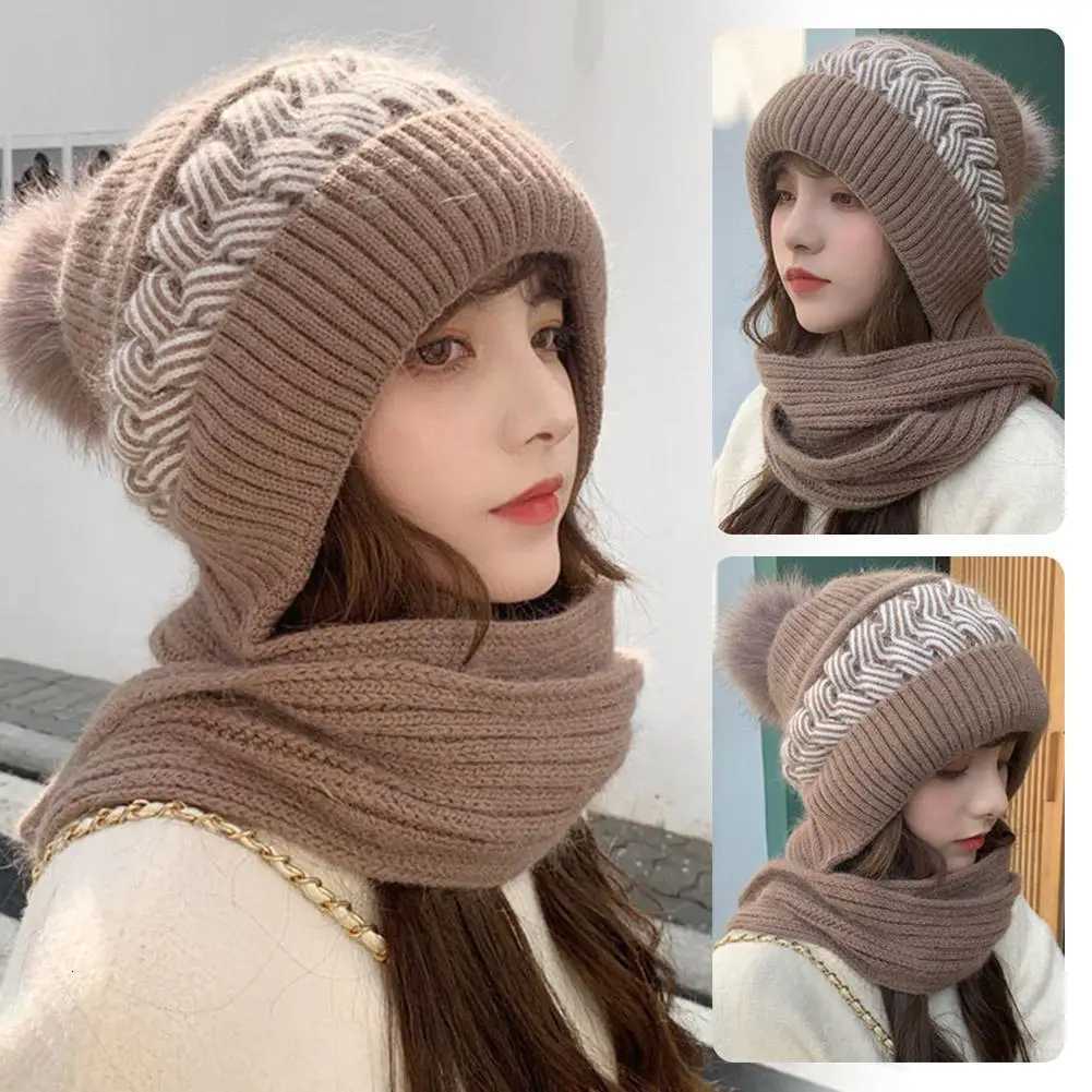 Winter Wens Knitted Hat Doub Warm Padded Thicke Hat Scarf One Wool Knitting Net Red Wind and Snow Beanies HatsW251023