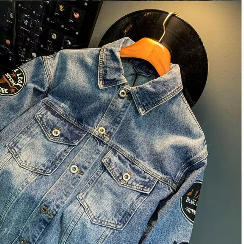 Mens Casual Embroidery Denim Jacket Oversized Plus Size Spring Autumn Coat Youth Fashion Hong Kong Style Workwear Top 251017