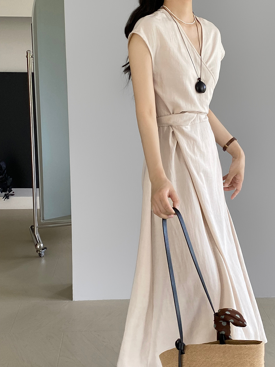 X8321 New French Lace-up Waist Dress Women's Summer Dress Textured High-end Long Dress