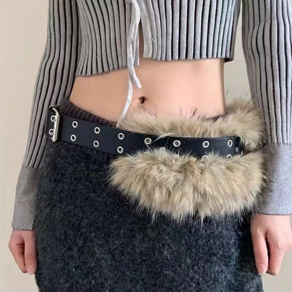Punk PU Studded Fur Belt Y2k Vintage Faux Fur Rhinestone Patchwork Belt Metal Plush Waist Chain Furry Waistband Jeans Belts 251013
