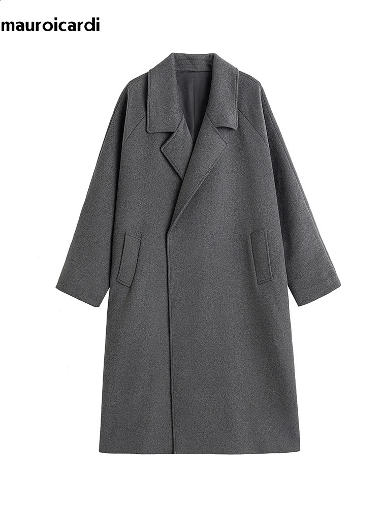 Mauroicardi Autumn Winter Oversized Extra Long Warm Gray Wool Blends Coat Men Sashes Raglan Sleeve y Woolen Overcoat 251023