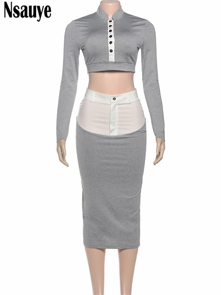 Nsauye Women Elegant Sexy Club Dress Skirt In Matching 2 Piece Set Long Sleeve Mini Tops High Waist Party Skirt Suit 251020