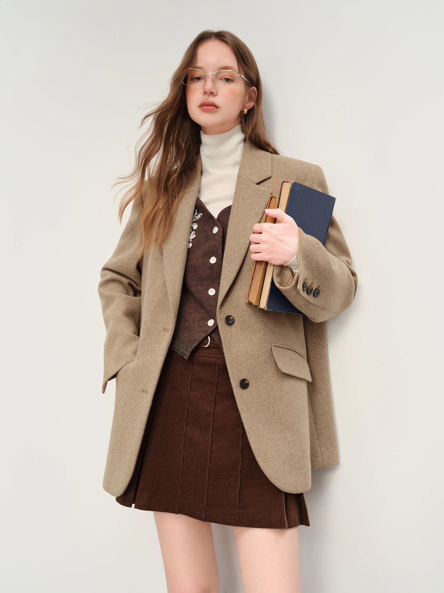 FSLE British Style Retro Check Wool Blazer Jacket Women Fall Winter Arrival Short Coat Tow Color Tailored 251013