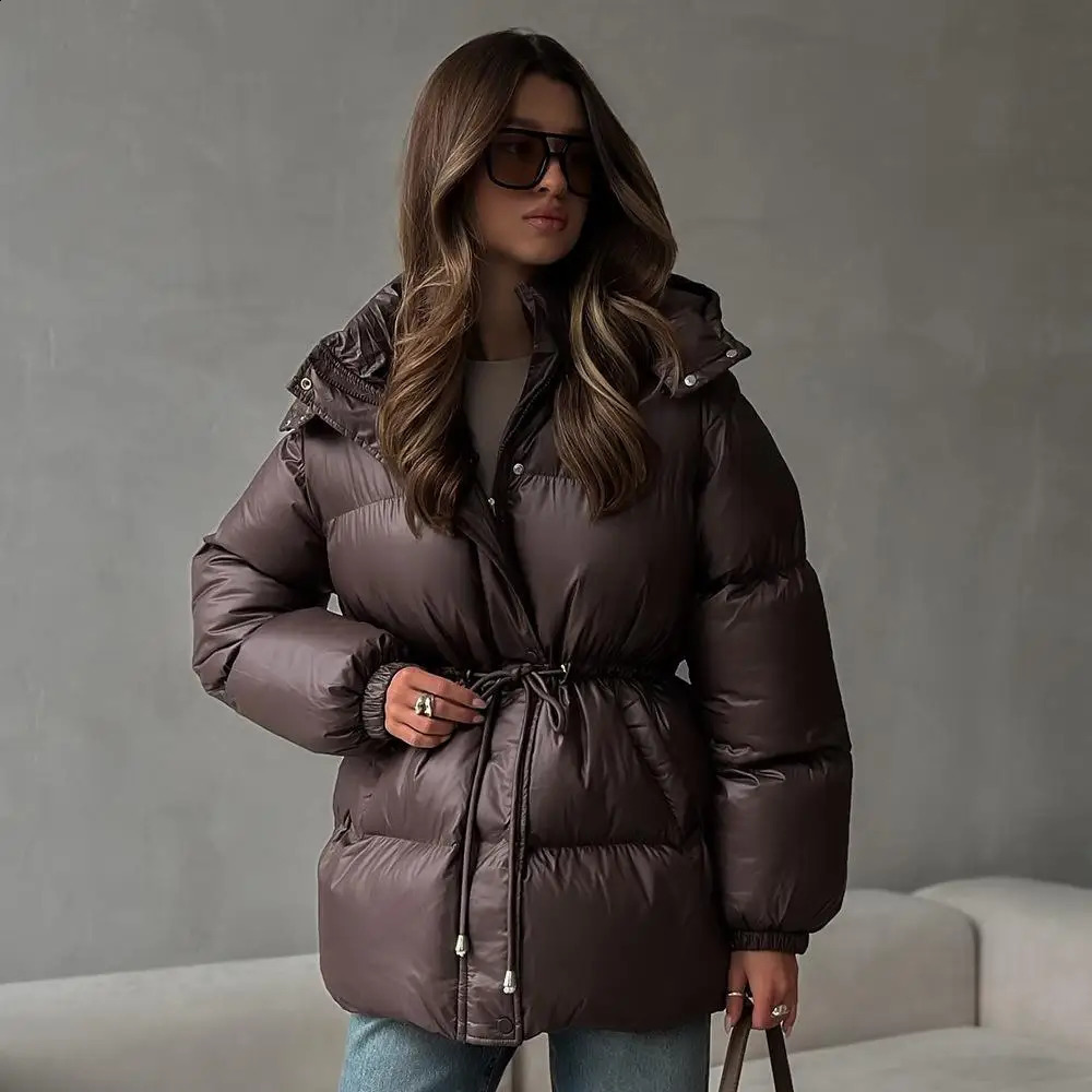 Casual Waistcinching Thicken Cotton Coat Women Fashion Zipper Long Sleeve Lace Up Hooded Coats Winter Warm Lady Outerwears 251021