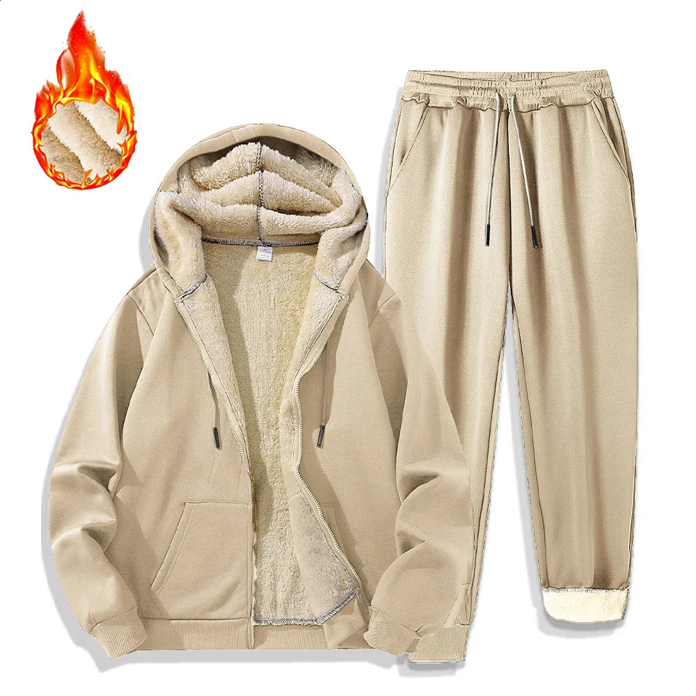 Mens Set Winter Tracksuits Plush Thickened Warm Hooded Jackets Coat Sports Pants Twopiece Casual Outdoor Sportswear 251023