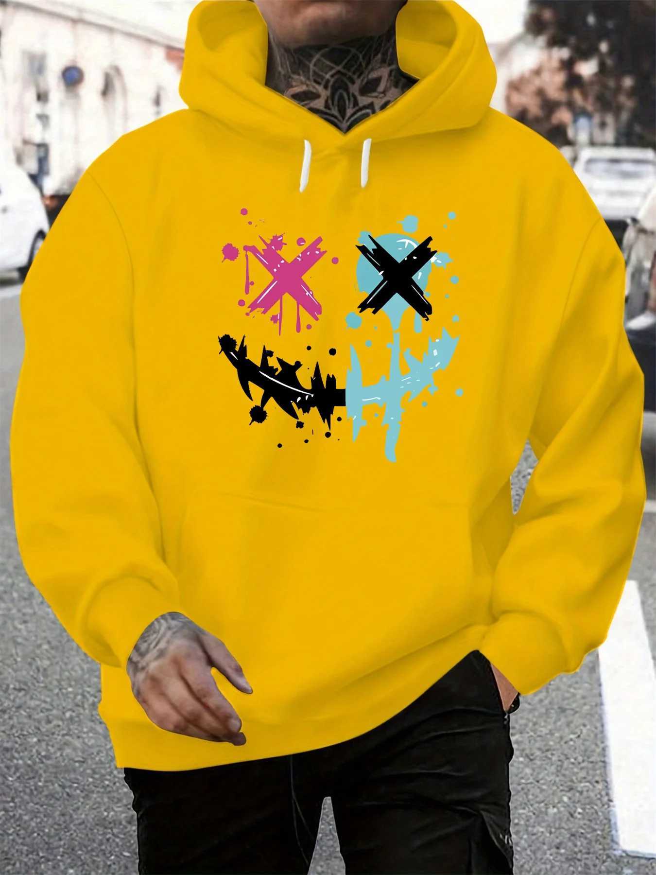 Mens autumn and winter casual fashionable loose hoodie with smiling face pattern printed long sleeved warm pullover sweaterT251023