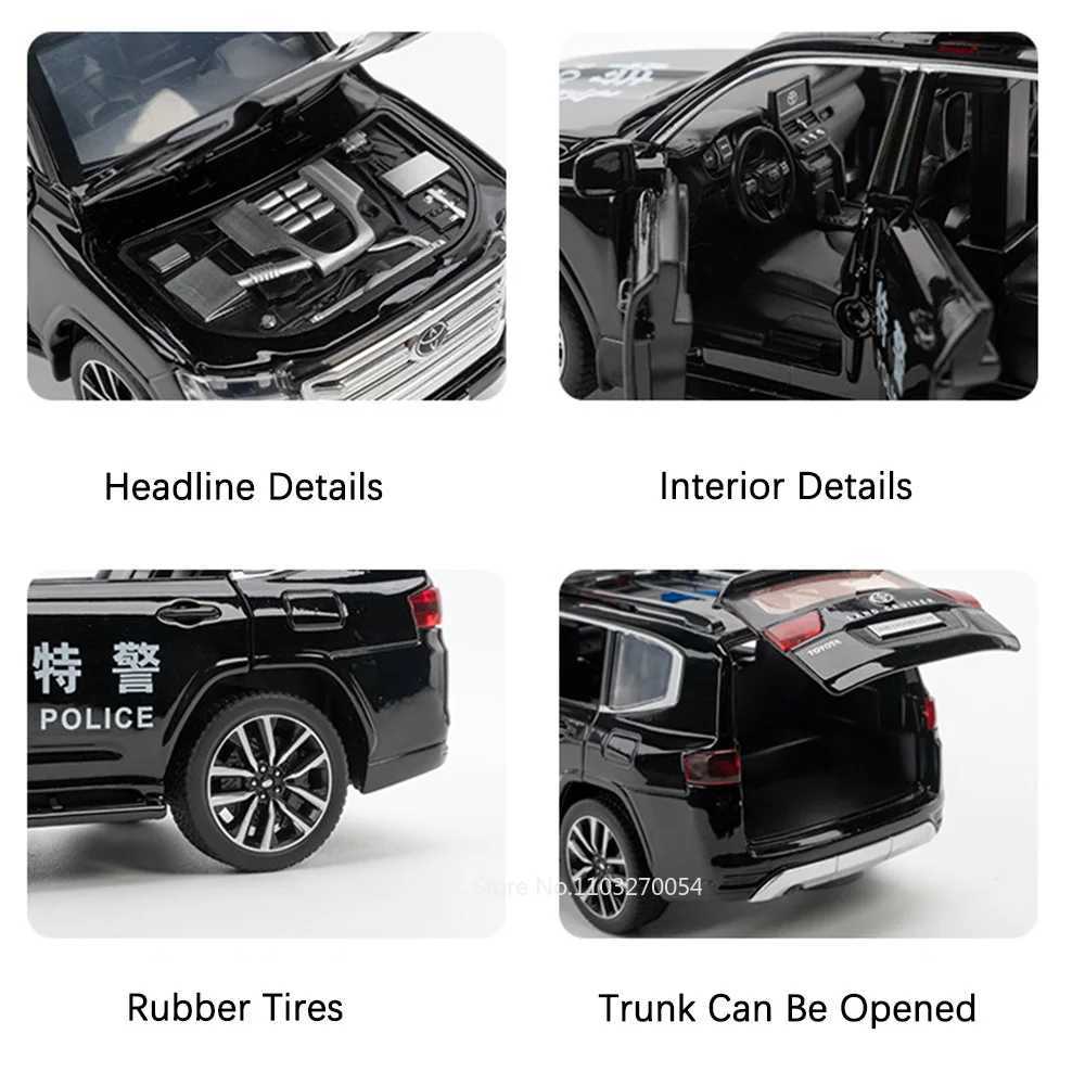 132 Prado Land Cruiser LC300 Police Car Metal Model Toy Alloy Diecast Vehice Rubber Tire Sound Light Pull Back Toy Gift for KidT251023