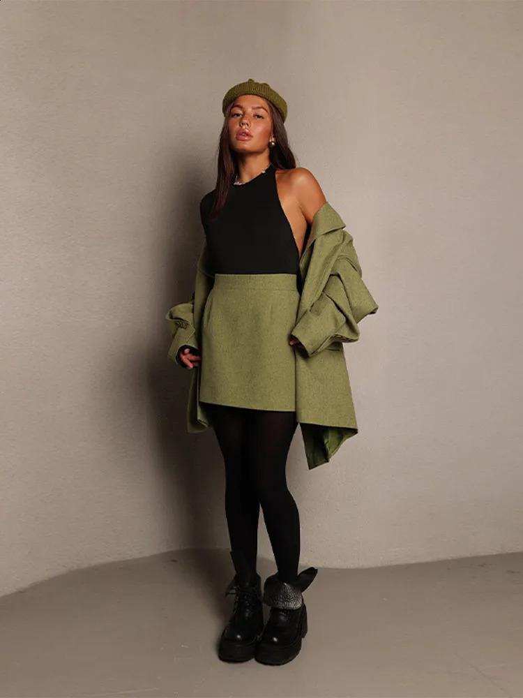 Elegant Green Lapel Suits Skirts Sets Women Loose Double Breasted Long Sleeve Jacket Short Skirt Autumn Lady Suit Coats 251022