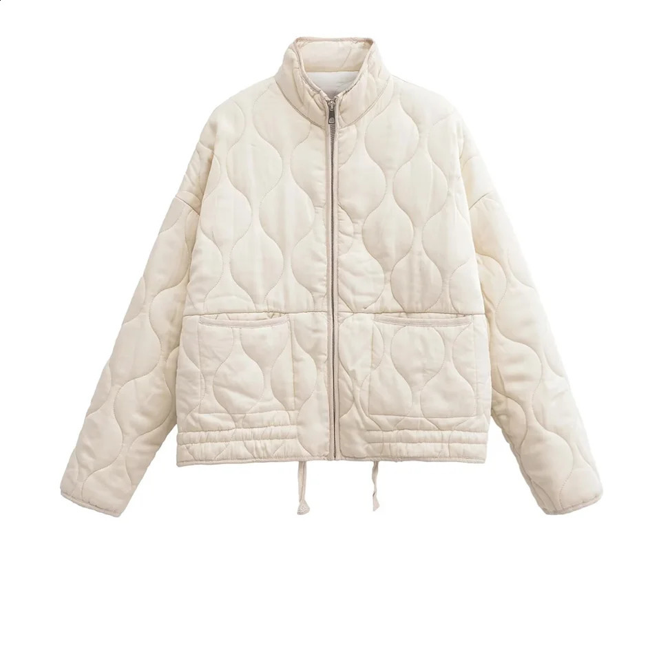PBZA Winter Womens Clothing Style Commuting Leisure Warm Stand Collar Loose Pocket Diamond Grid Cotton Coat 251022