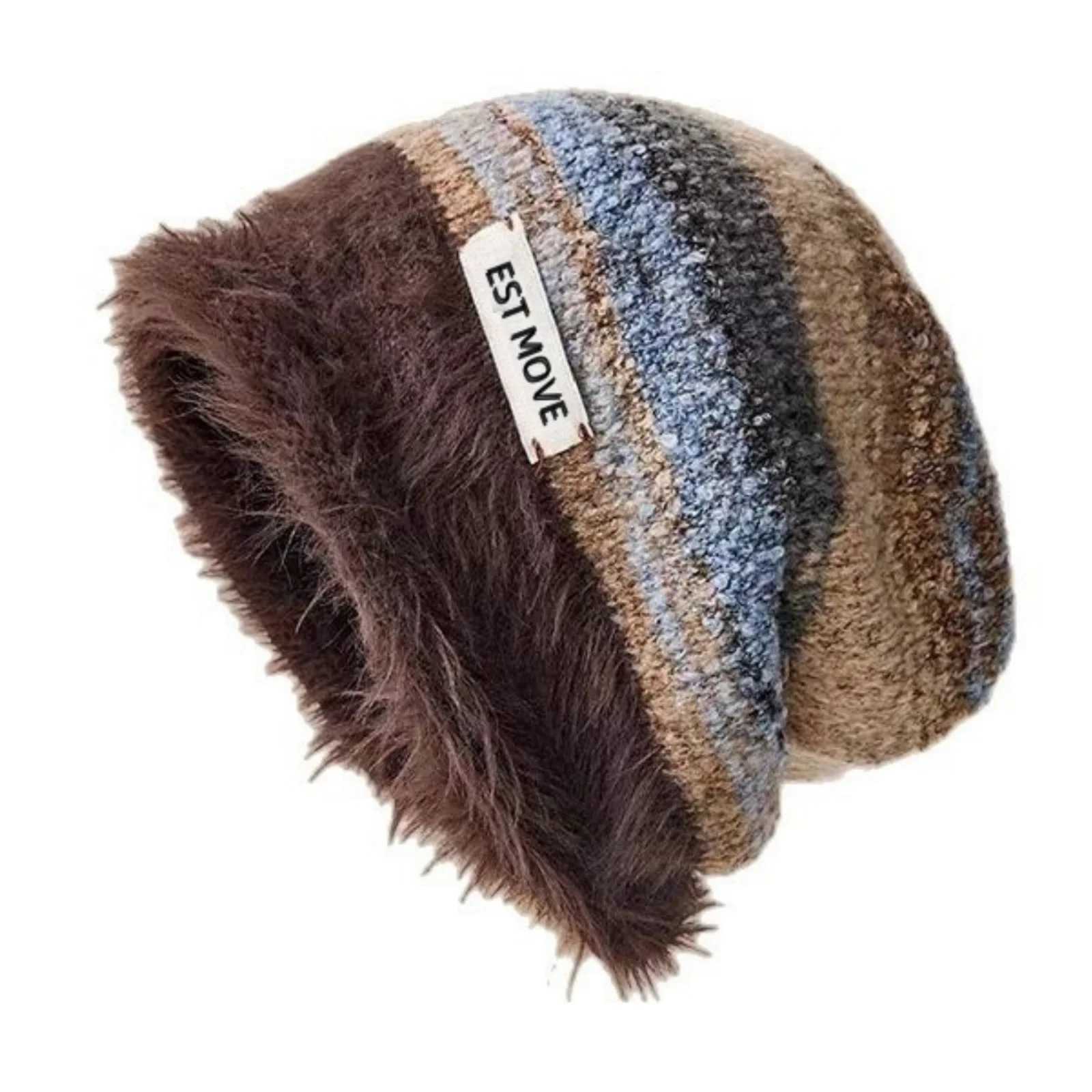 1PC Furry Knitted Beanie Hat Warm Striped Winter Cap Trendy Casual Headwear For Women Cross Border Fashion AccessoryXJ251023