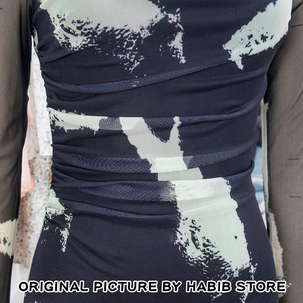 Women Print Tulle Bodycon Slim Dress Fashion Mesh Midi Long Sleeve Vintage Elegant Dresses Cowl Neck Black 251022
