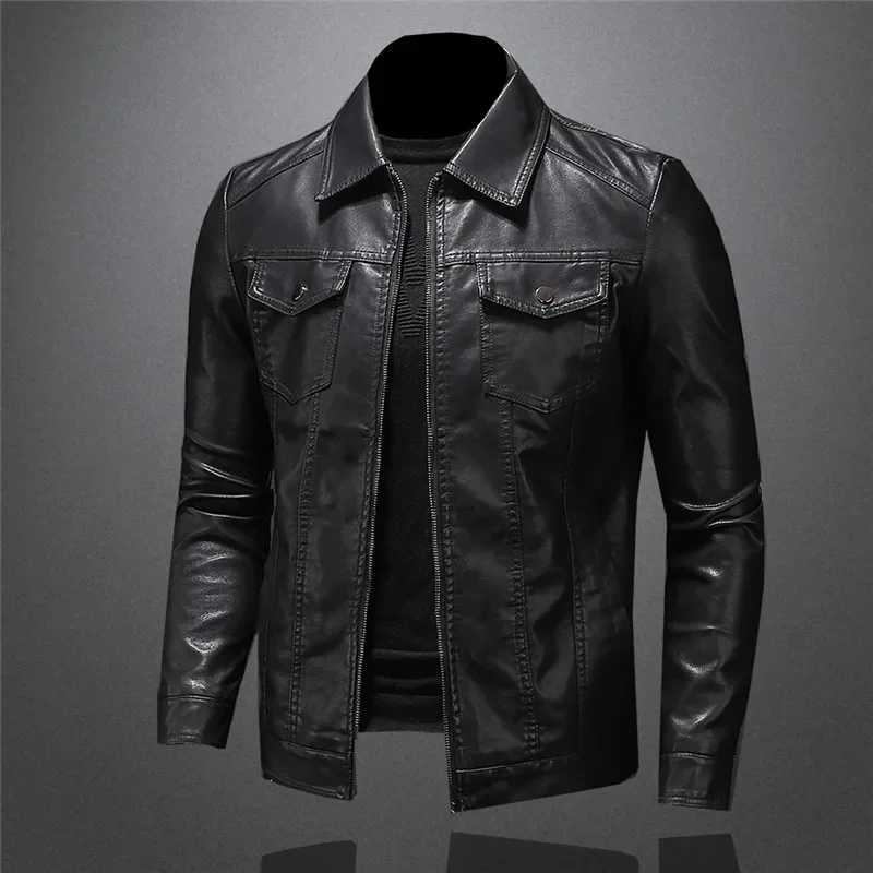 Mens Motorcycle Leather Jacket Large Size Pocket Black Zipper Lapel Slim Fit Male Spring and Autumn High Quality Pu Coat M5Xl W251023