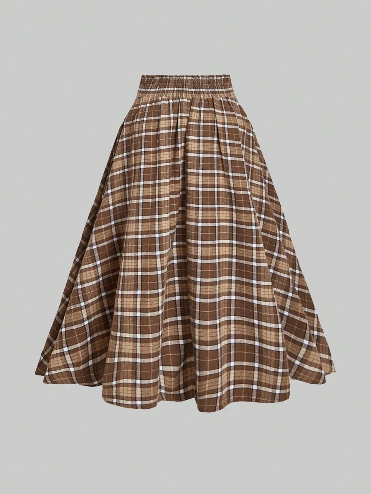 plus Size Vintage Artistic Brushed Plaid Versatile ALine Halflength Skirt 251022