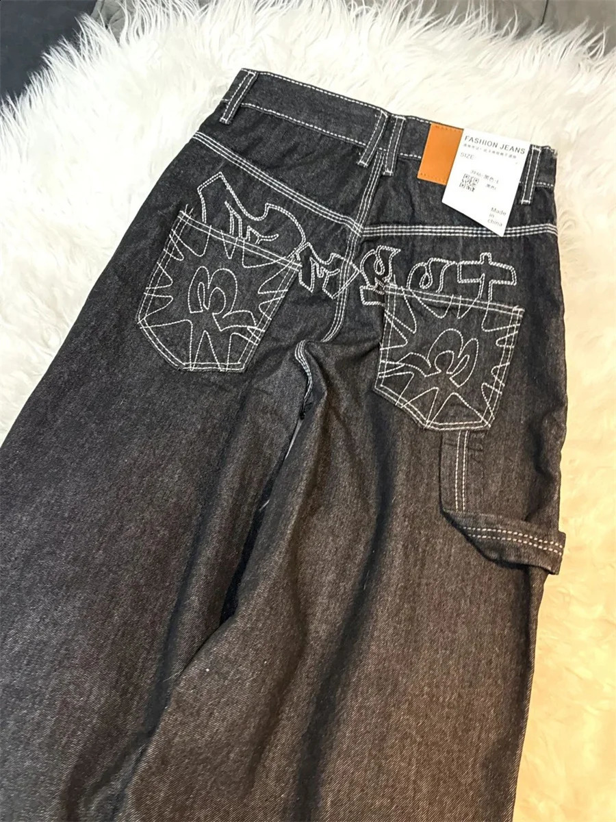 Y2k Embroidered Black Wide Leg Jeans Women American Retro Casual Loose Denim Pants Streetwear 2025 High Waist Baggy Trousers 251023