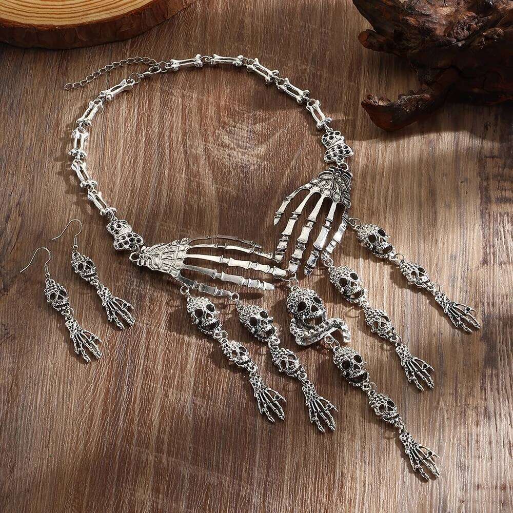 New Halloween Jewelry Gothic Punk Vintage Metal Ghost Hand Skull Necklace And Earring Set For Women Party Accessories