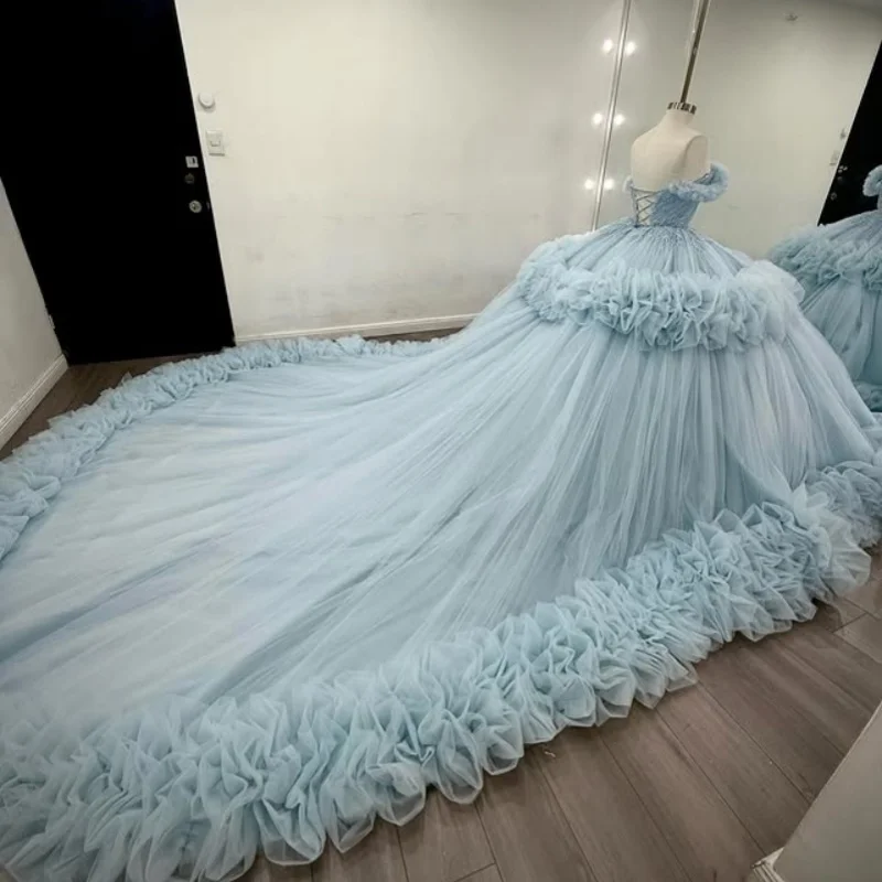 Sky Blue Shiny Quinceanera Dresses Off The Shoulder Sequin Beading Crystal Tiered Tull Ball Gown Vestidos De 15 Anos Sweet 16 Dress