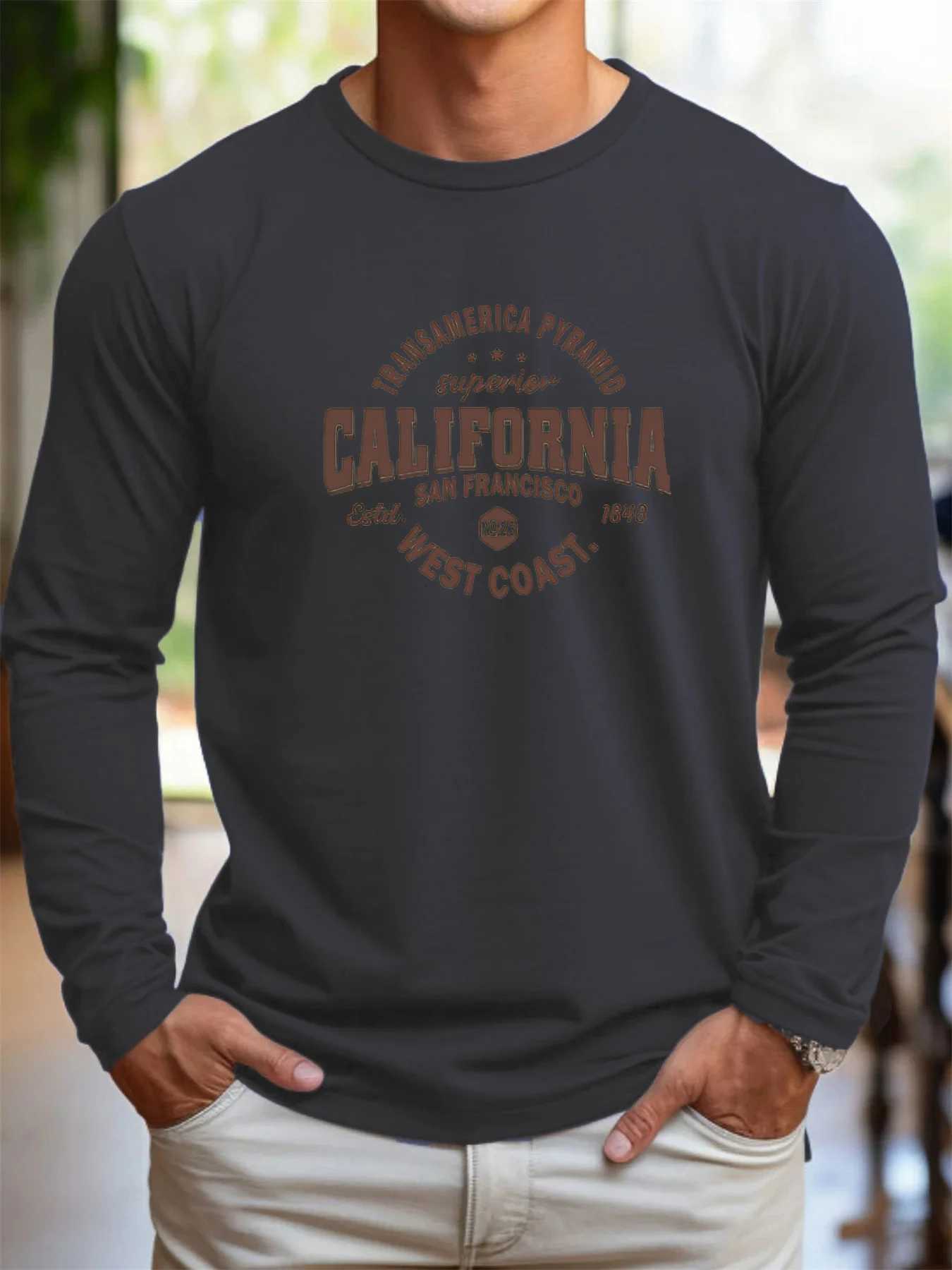 Mens 100 pure cotton loose fit comfortable sports and leisure California West printed round neck long sLeeved TshirtXJ251023