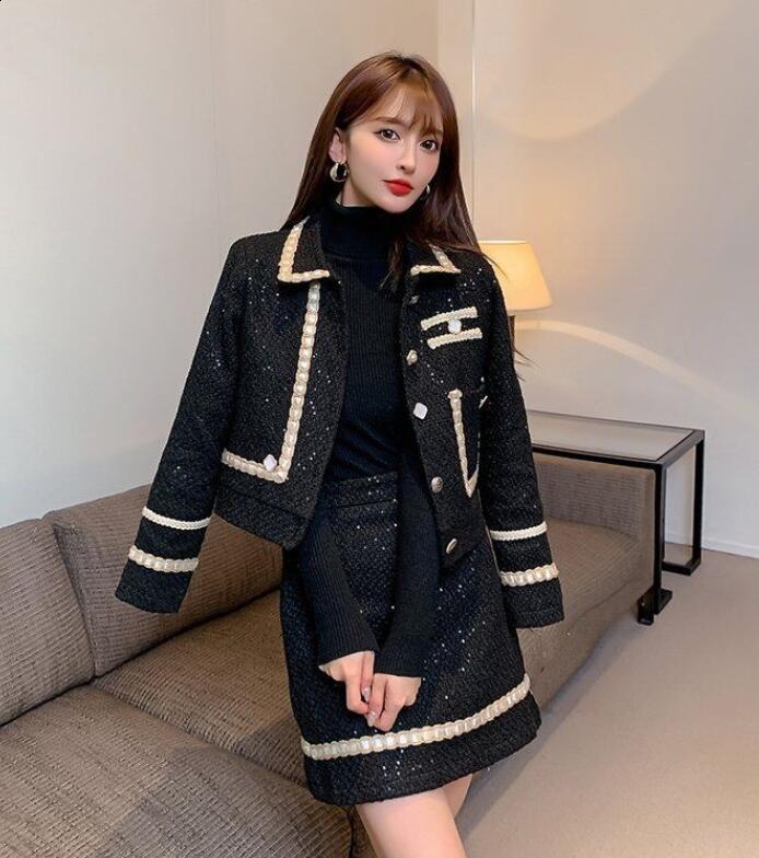 Women Tweed Jacquard Fragrant Suit Jacket Coat Top And Skirt Two Piece Set Elegant Chic Outfit Winter Workwear Party Clothing 250718