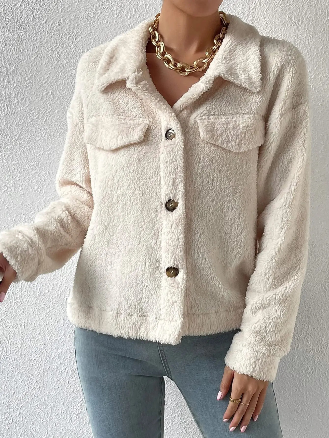 Womens FallWinter Flap Detail Low Shoulder Teddy Jacket 251018