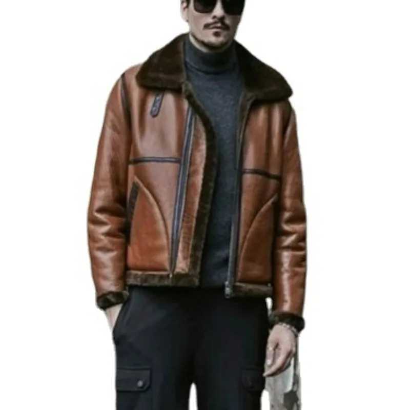 Mens Coats Winter Jackets Leather and Fur Integrated Autumn and Winter Twocolor Spliced Flying Jacket Men Clothing Brown Color W251023
