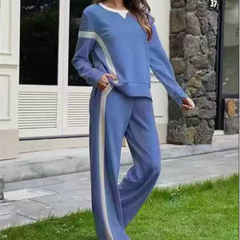 Womens Casual Sports Style Twopiece Fashionable White Striped Patchwork Longsleeved Top Paired With Loose Wideleg Pants SuitT251022