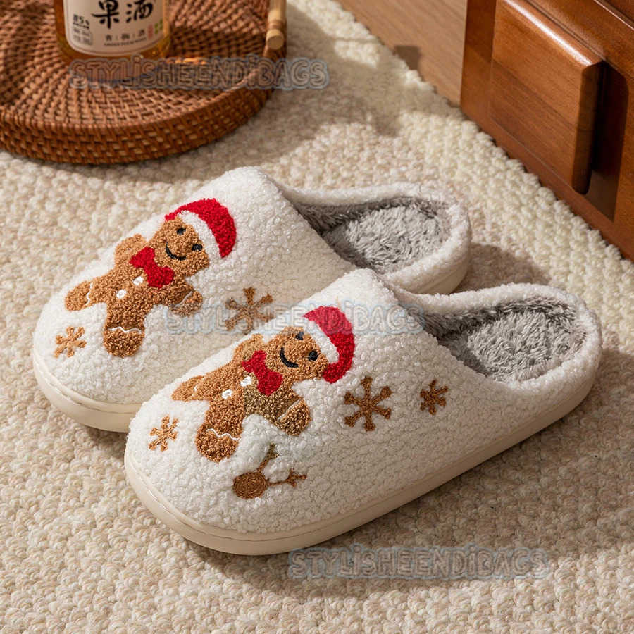 Womens Christmas Slippers Adorable Indoor Festival Gingerbread Man Embroidery Couple Fashion Winter Holiday Christmas Shoes H251023