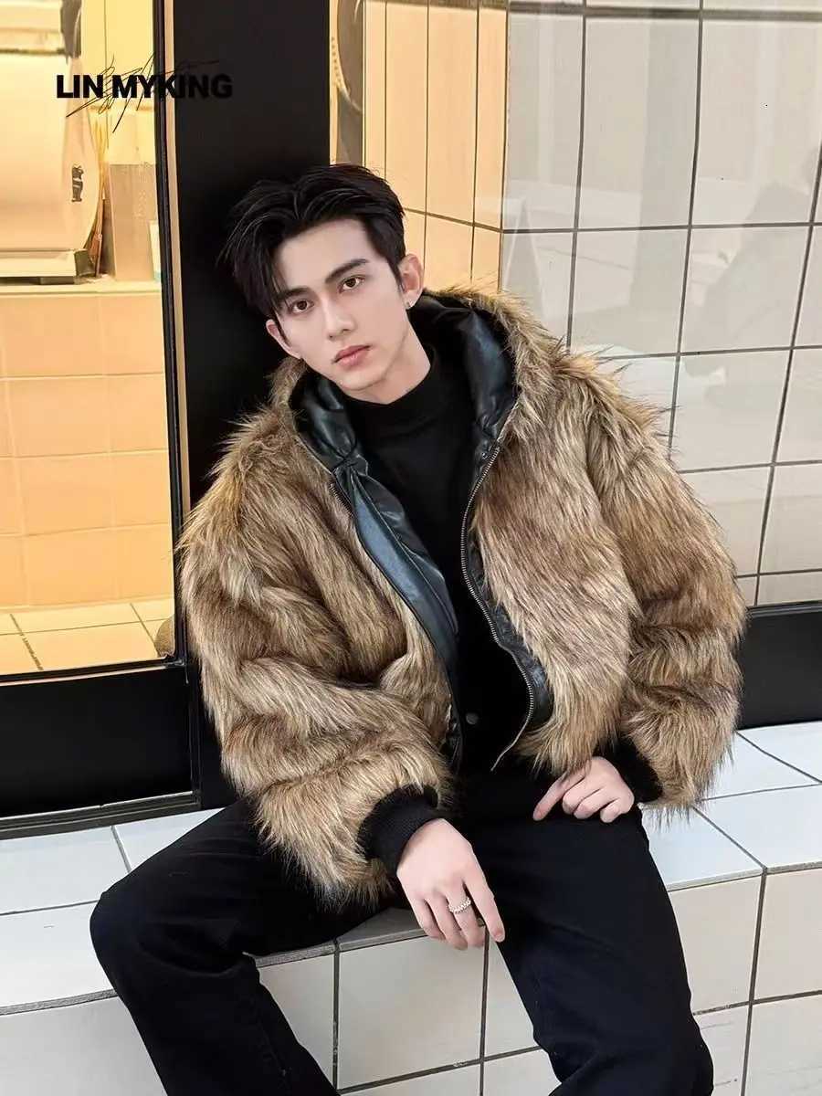 Mens 2025 Winter New Arrival TwoSided Wearable Faux Fur Coat Integrating Fox Fur for Trendy leather jacket Winter Warmth W251023