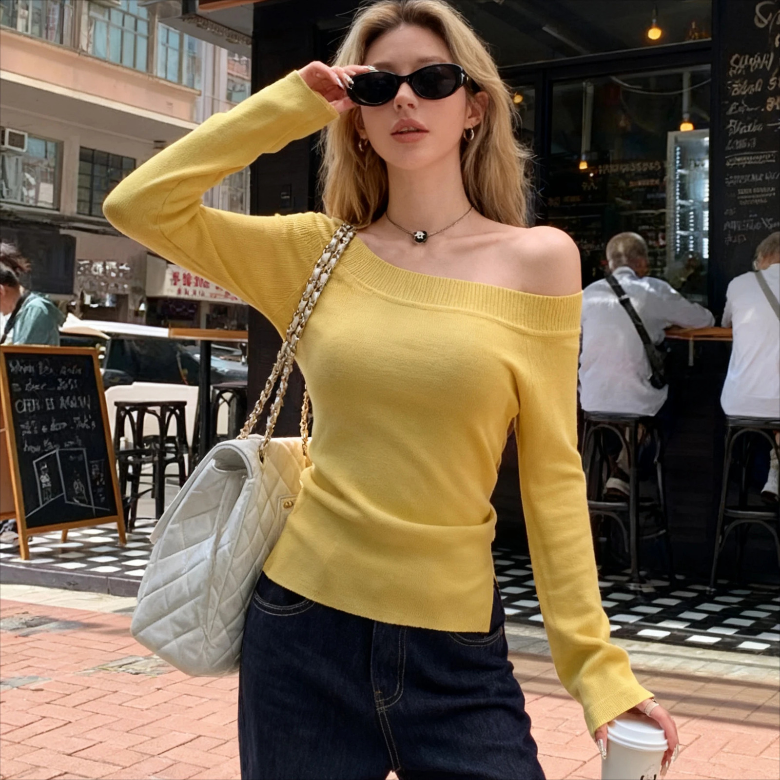 Womens Y2K Off Shoulder Ribbed Knit Top Soft Stretchy Fabric Flare Sleeve Slim Fit Trendy Multi Color Sweater 251023