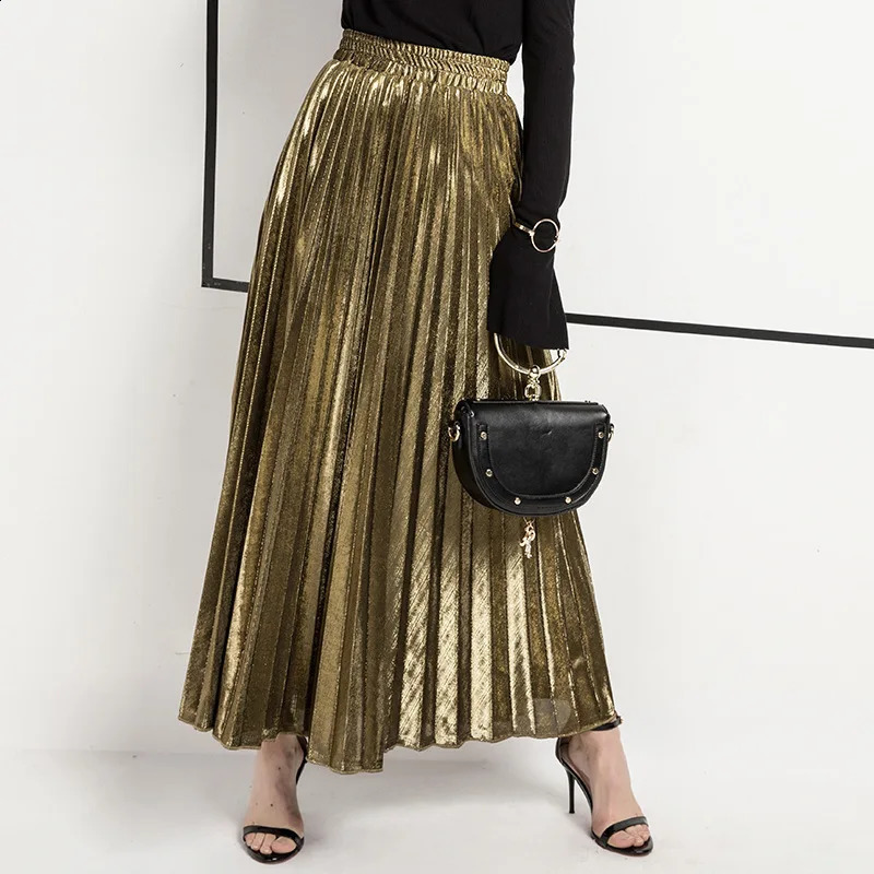 Check Skirt Pleated Maxi High Waist Harajuku Large Swing Gold Long Skirts For Women XXL Saias 251022
