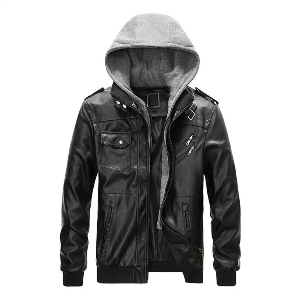 Winter Leather Jacket Mens Hooded Multipocket Large Size PU Coat Casual Clothing 251023