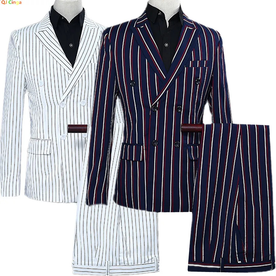 Navy Blue Mens Doublebreasted Suit Twopiece Set White Vertical Striped Jacket Paired with Matching Trousers Asian Size SXXL 251023
