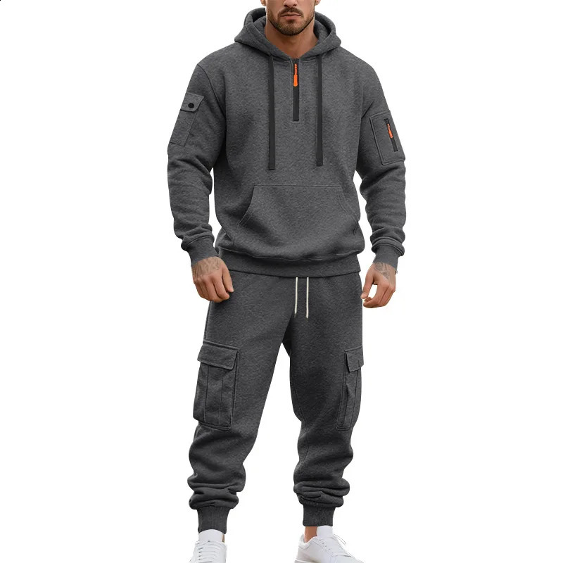 Autumn and Winter Heavy Mens Suit Loose Cargo Outdoors Commute Casual Fleece Thermal Hoodie Overalls Sweatpants 251023