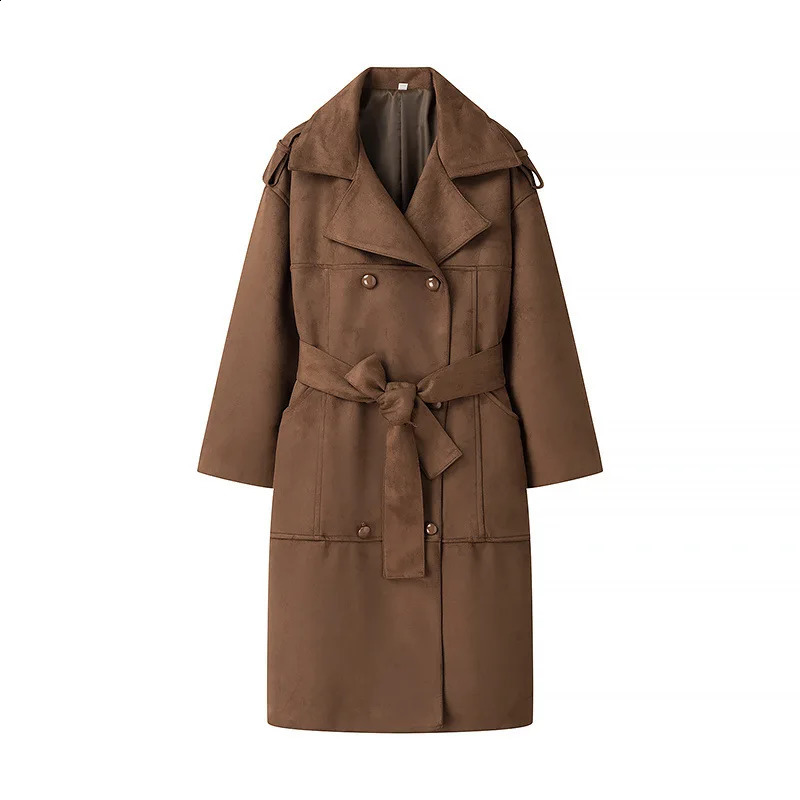 Women Suede Trench Coat Winter Chic Coats Solid TurnDown Collar Long Sleeves Belt Double Breasted Fashion Jackets 251013