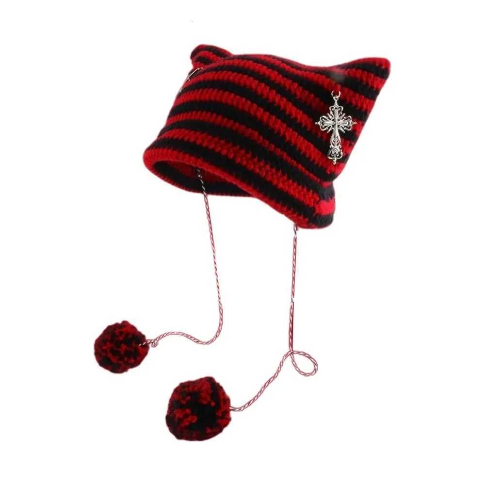 Y2K Beanie Hat Cute Striped Star Devil Hat Devil Ear Cat Ear Hat Knitted Wool Cap Autumn Winter Womens Hat Ear Pointed PulloverXJ251023