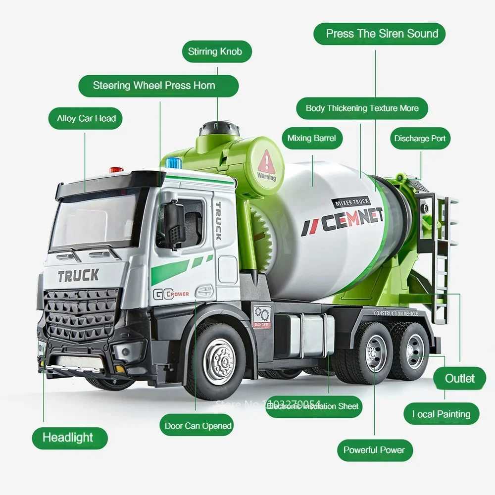 124 Electric Mixer Truck Toys Model Car Alloy Diecast Engineering Vehicles Doors Opened Sound Light Pull Back Toy Gift for KidsT251023