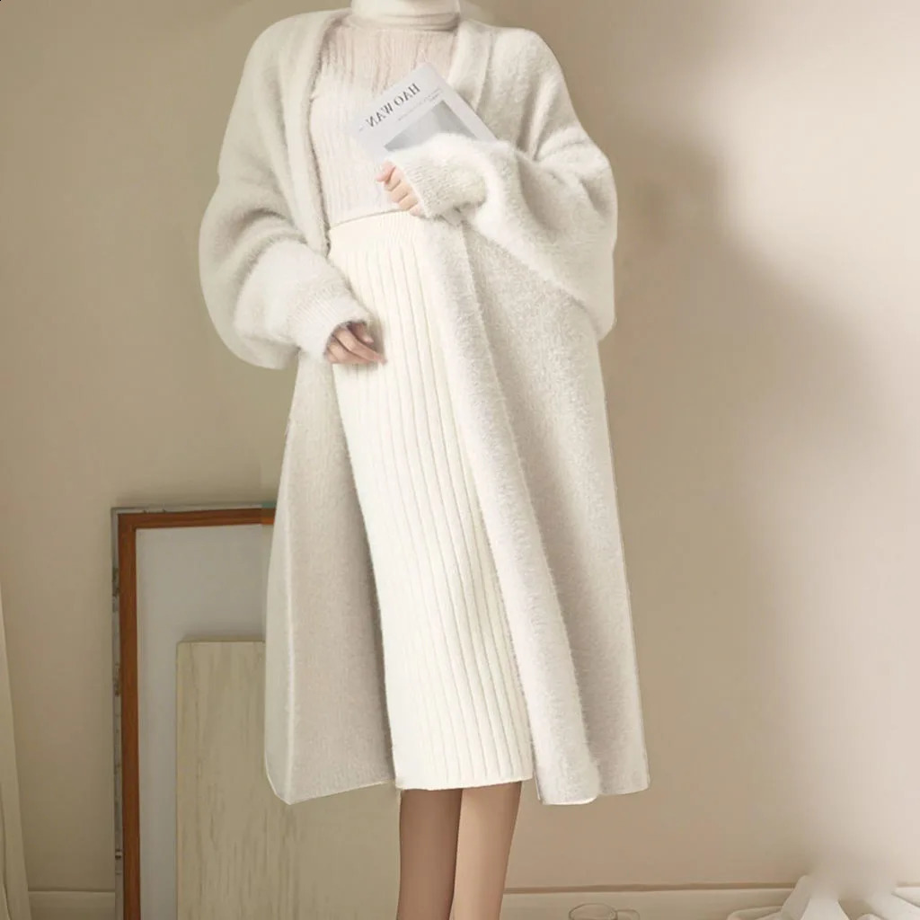 white Long Cardigan for women winter clothes Knitted fluffy long sleeve Cashmere sweater coat clotkorean style warm vintage 251022