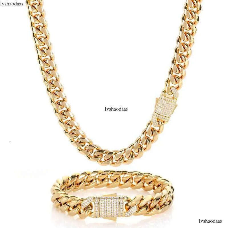 Hip Hop Miami Titanium Steel Mens Nece Bracelet Set with Zircon Spring Buckle Cuban Link Gold Chain Popular Jewelry chains 825 aaa