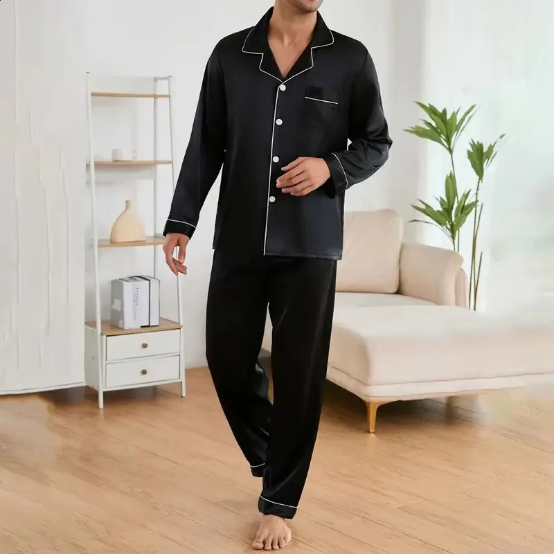 Mens Satin Pajama Set Linter Lapel Collar Long Sleeve Tops Pants Sleepwear Button Down Loungewear Autumn Pyjama For Man 251021