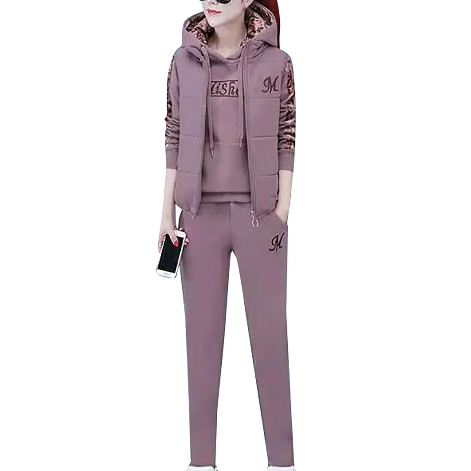 3PcsSet Simple Women Tracksuit Thickened Elastic Waist Letter Print Hoodie Jogging Pants Zipper Vest Suit Coldproof 251022