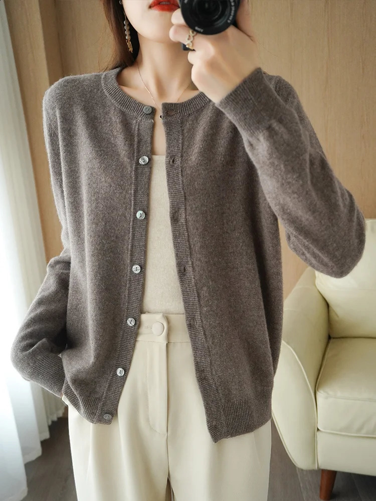 Classy Autumn Winter Women 100 Merino Wool Sweater Elegant ONeck Woman Cashmere Cardigan Knitted Basic Top Clothes 251022