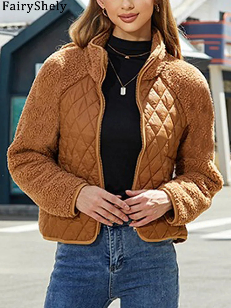 FairyShely 2025 Patchwork Autumn Winter Women Jacket Thick Plush Cropped Long Sleeve Warm Coat Soft Zipper Outwear Lady 251018