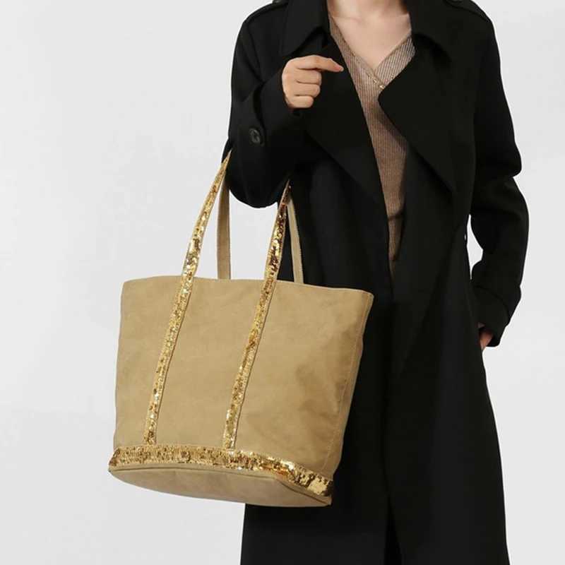 Sequin Canvas Zipped Tote BagLarge Capacity Vintage Contrast Color Women Shoulder BagDesigner Commuter Everyday HandbagBlackL251023