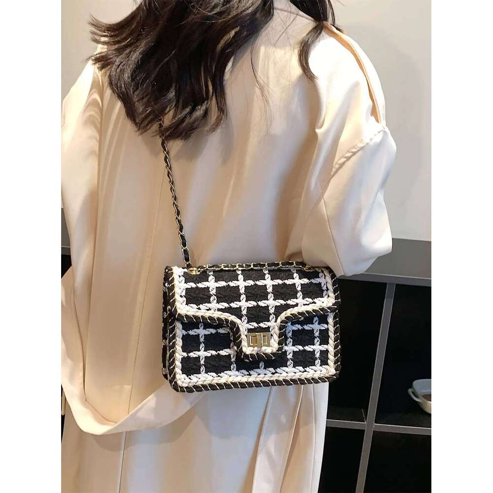 Black & White Plaid Casual Crossbody Handbag Women's Shoulder Bags Handbags With Top Handle Fashion Square Bag