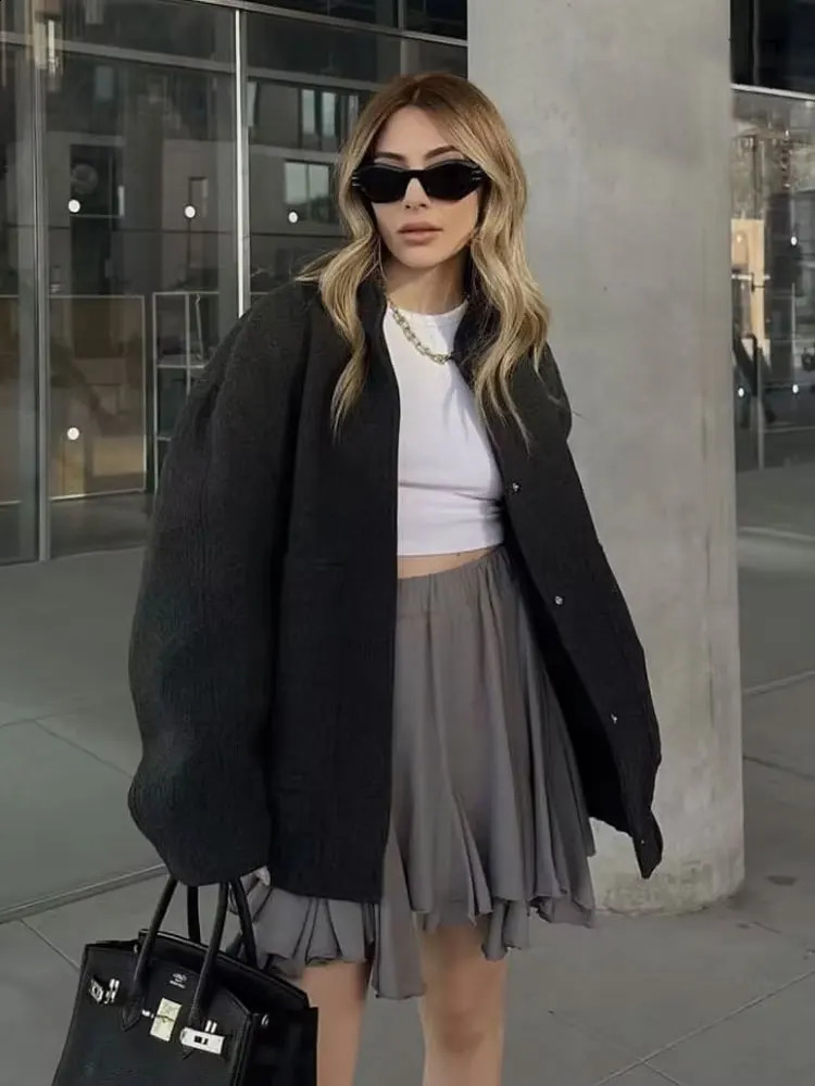 Women Fashion With Pockets Oversized Bomber Jacket Coat Vintage Long Sleeve Snap Button Female Outerwear Chic Tops 251018