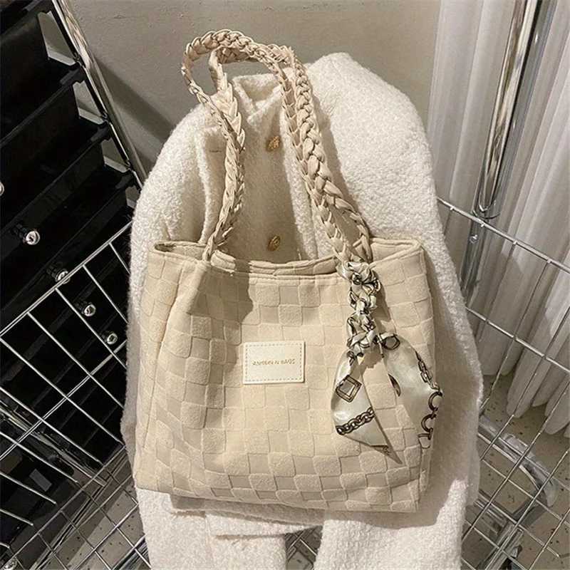 Casual Plaid Pattern Womens Tote Bag Solid Color All Match Commuter Handbag Shoulder Bag with Scarf DecorL251023