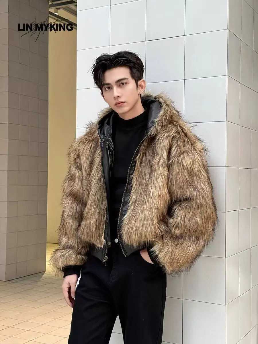 Mens 2025 Winter New Arrival TwoSided Wearable Faux Fur Coat Integrating Fox Fur for Trendy leather jacket Winter Warmth W251023