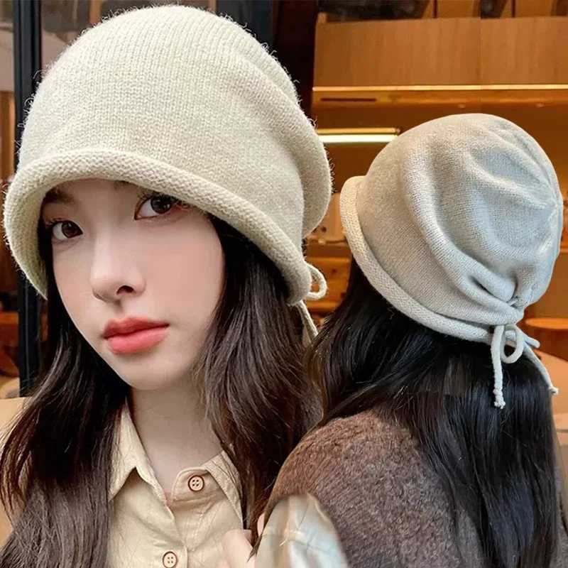 Fashion Drawstring Baggy Slouchy Beanie For Wen Autumn Winter Ear Warm Sklies Solid Color Bonnet Girl Kintted Woon HatW251023