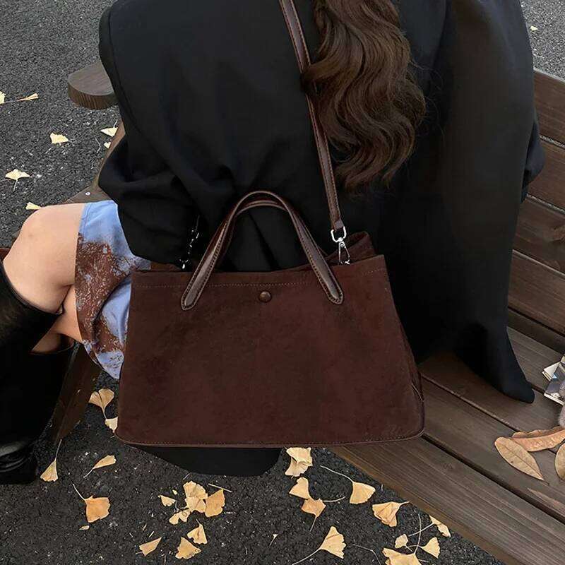 Women's Suede 2In1 Tote Retro Versatile Large-Capacity Snap Button Shoulder Crossbody Bag Foldable Commuter Underarm Handbag