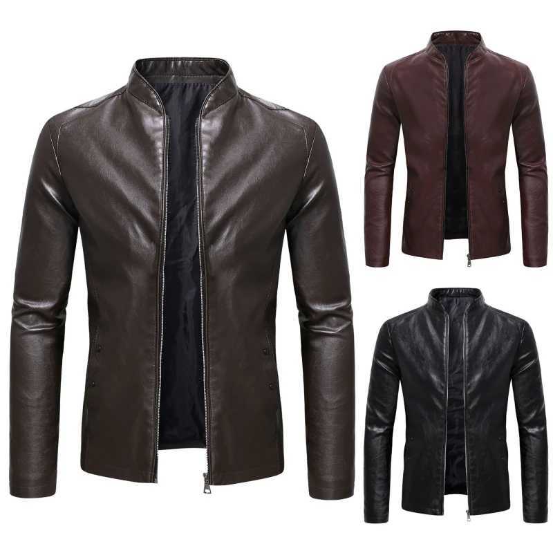 2025 Spring New Mens Business Casual Slim Longsleeved Pu Leather Jacket Side Seam Pocket Zipper Solid Color W251023