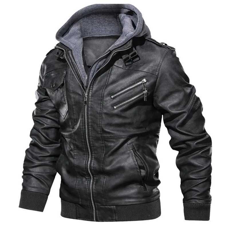 Mens Autumn Winter Casual PU Leather Hooded Zipper Warm Jackets Male Motorcycle Jacket Military Windbreaker Outdoor Coats W251023